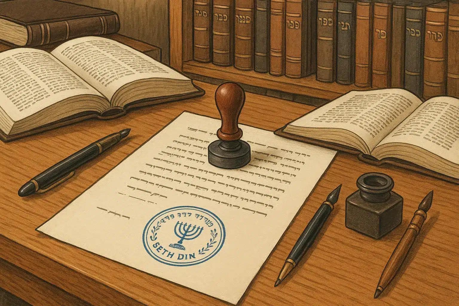 גט גירושין מסמך מעשה בית דין רבני עם חותמת רשמי על שולחן עם ספרי הלכה – אישור שינוי סטטוס גט מעושה