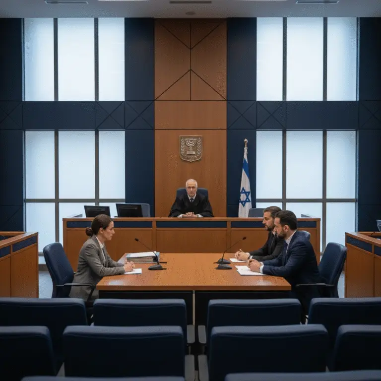 בית המשפט לענייני משפחה, שופט על דוכן, זוג עם עורכי דין בקדמת הבמה, דגל ישראל ברקע, אווירה רשמית, מבט רחב