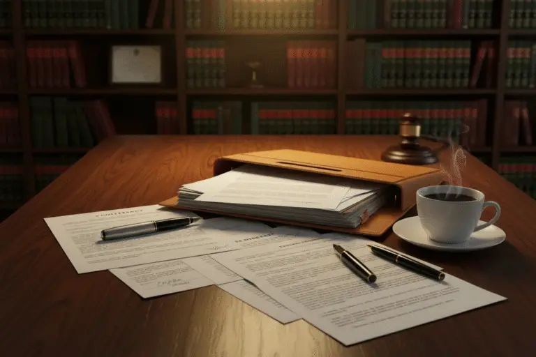 מסמכים משפטיים על שולחן