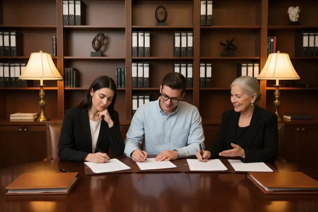 זוג חותם על מסמכים משפטיים