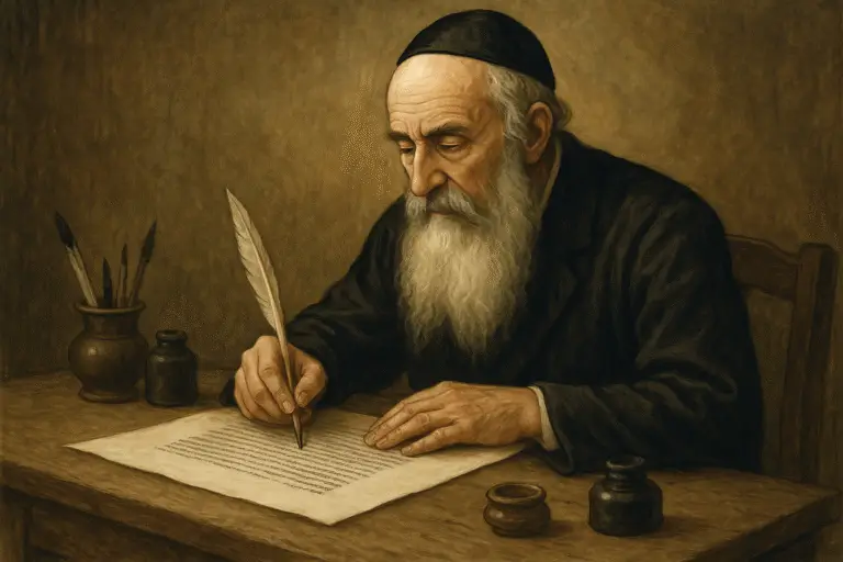 סופר סת״ם כותב גט על קלף בעט קנה מסורתי עם כלי כתיבה יהודיים – הכנת מסמך הגט