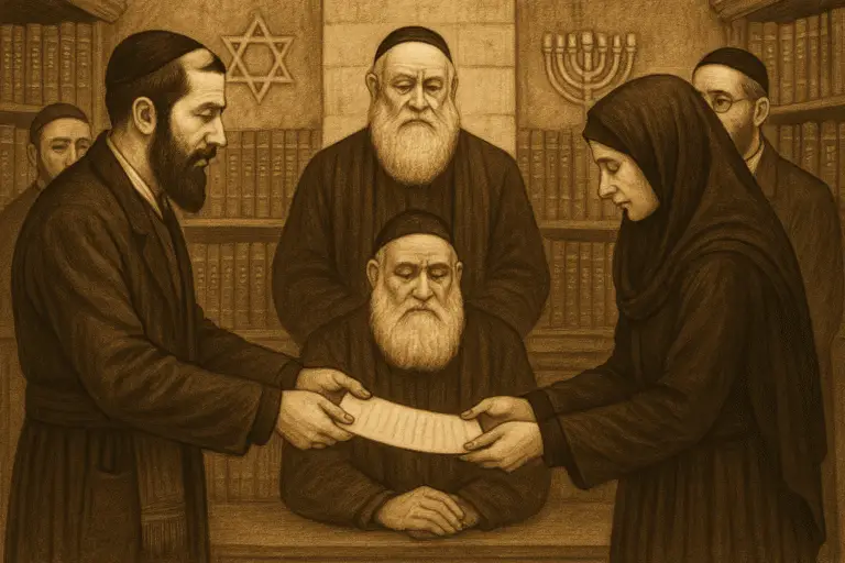 טקס מסירת גט יהודי מסורתי - גבר עם כיפה מוסר מסמך גט לאישה עם כיסוי ראש בנוכחות רב ועדים בבית דין רבני