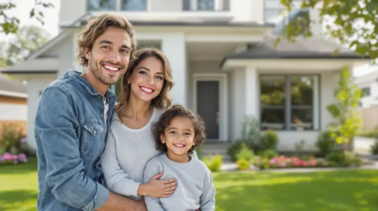 תמונה של אישה עם ילדים מול בית חדש